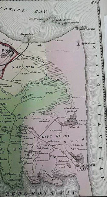 1868 map showing Rehoboth City DE south of silver lake
