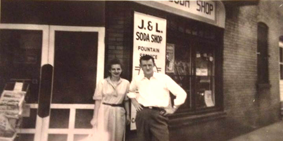 2nd and Clayton Street in Wilmington Delaware Louise Drummond and John Myers standing outside JandL Soda Shop - 1950s