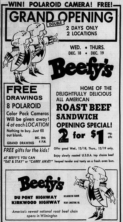 BEEFYS GRAND OPENING AD KIRKWOOD AND DUPONT HWY ON 12-18-1968