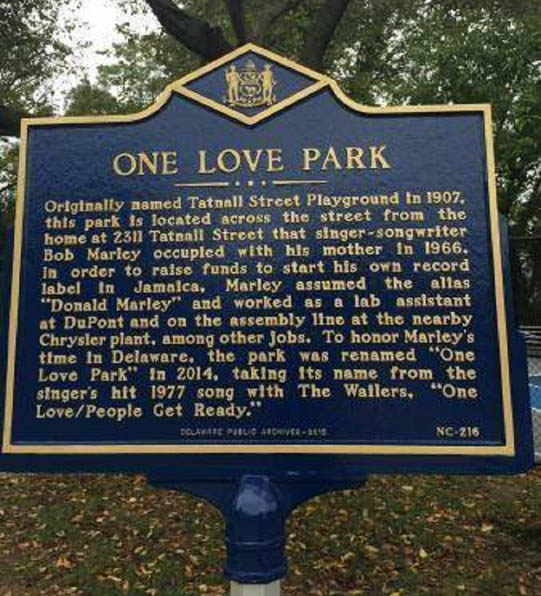 Bob Marley One Love Park across the street from his mothers home at 2311 Tatnall and West Street in Wilmington DE 1966