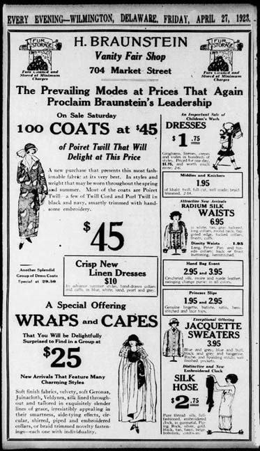 BRAUNSTEIN STORE AD ON MARKET ST IN WILM DE 4-27-1923