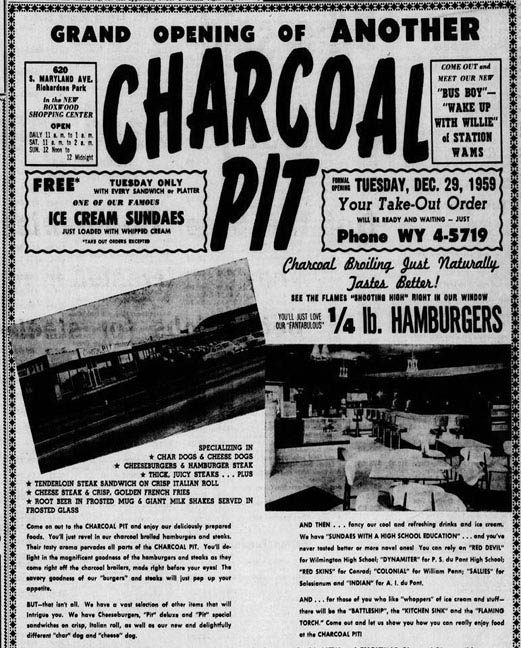 CHARCOAL PIT on Maryland AVE GRAND OPENING News Journal AD on 12-28-1959