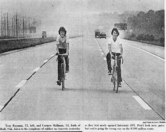 CYCLISTS on I-495 opening day in Claymont DE June 15 1977