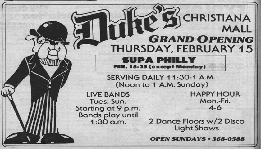 DUKES BAR CHRISTIANA MALL GRAND OPENING AD IN DELAWARE 1979