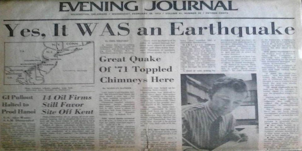 EARTHQUAKE IN DELAWARE  NEWS JOURNAL ARTICLE ON 2-29-1973