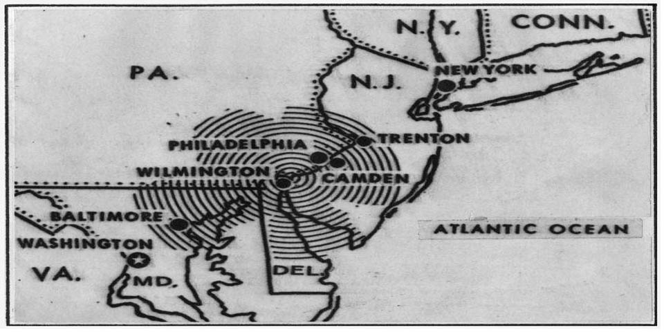 Earthquake map of the Delaware Valley on 2-28-1973