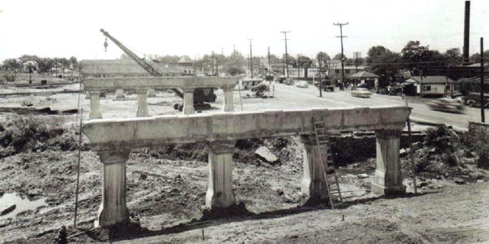 ELSMERE DELAWARE BRIDGE IN DE BEING CONSTRUCTED WITH NEW ROAD NEAR THE ROLLER RINK ON RIGHT SIDE CIRCA LATE 1940s