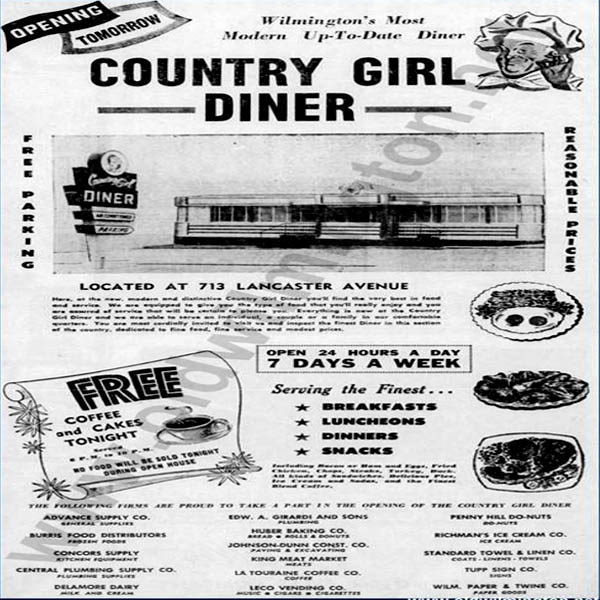 Grand opening AD for the Country Girl Diner at 713 Lancaster Avenue in Wilmington DE November 5th 1956,
