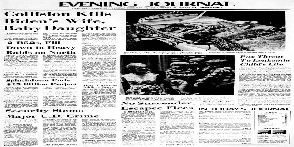 Joe Biden wife car accident article in the Wilmington News Journal Delaware November 1972