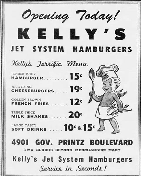 Kellys Hamburgers Menu in Edgemoor on the Govenor Printz Blvd Wilmington DE early 1960s