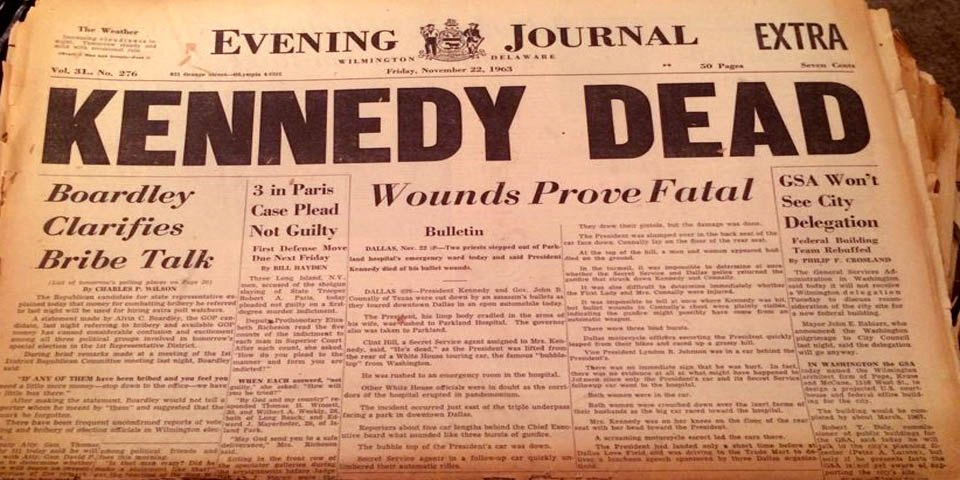 Kennedy death in the Wilmington Delaware Evening News headline 11-27-1963