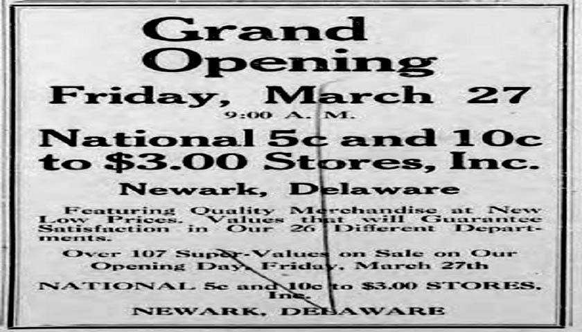 NATIONAL 5 AND 10 ON MAIN STREET IN NEWARK DELAWARE GRAND OPENING AD 3-27-1931