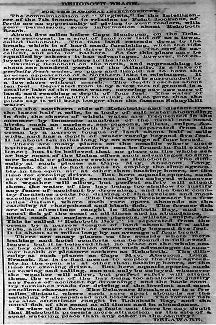 OLD REHOBOTH DELAWARE ARTICLE from the National Intelligencer in 1858 PAGE 1