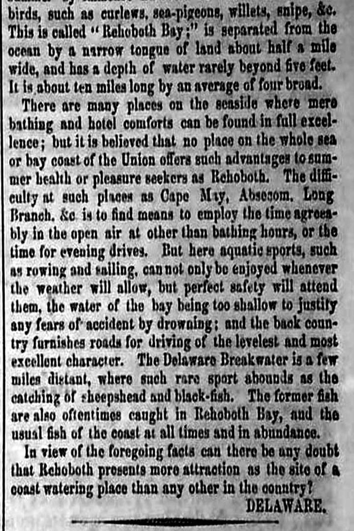 OLD REHOBOTH DELAWARE ARTICLE from the National Intelligencer in 1858 PAGE 4