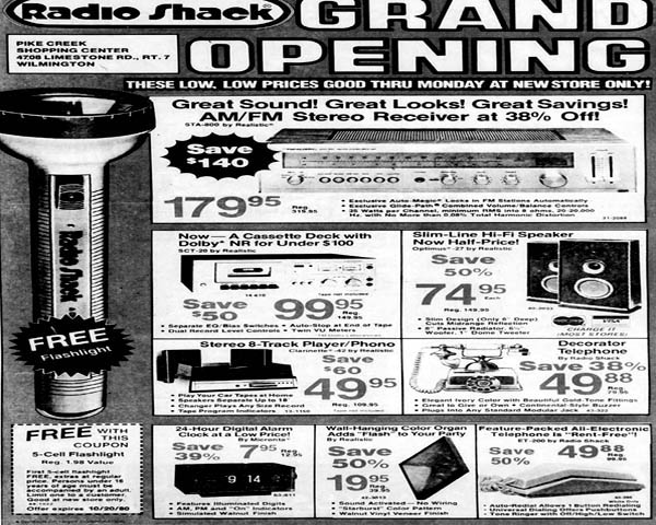 Radio Shack Grand Opening advertisment in Pike Creek Shopping Center Delaware October of 1980