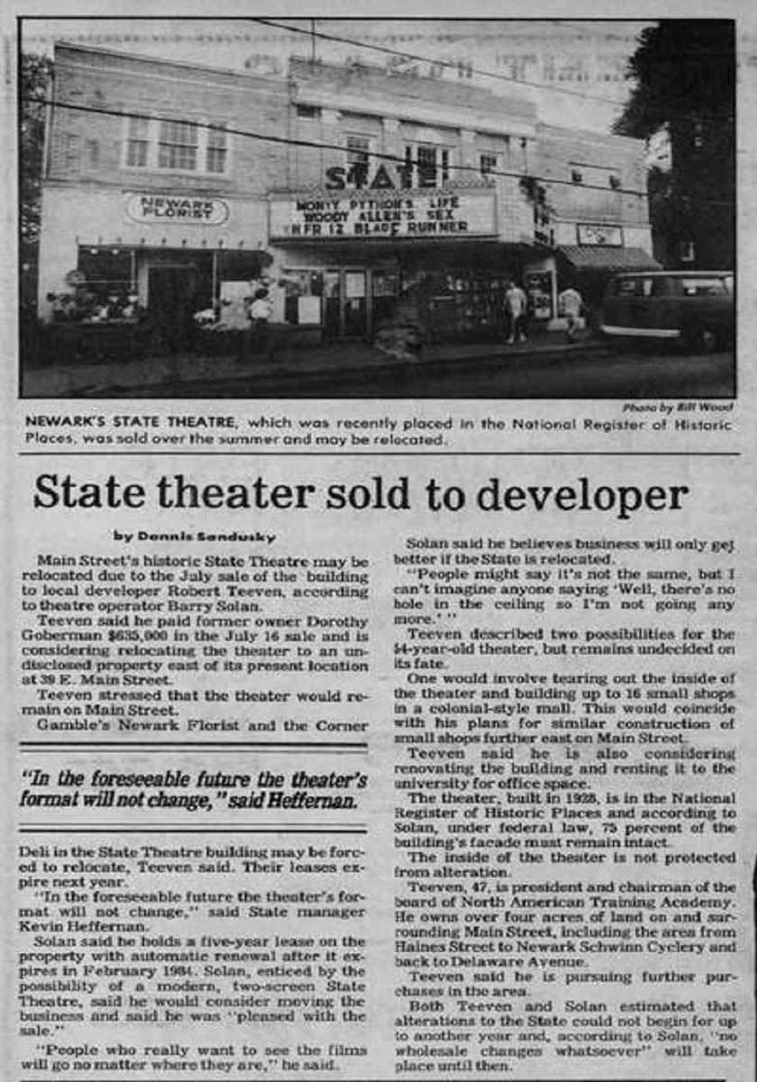 STATE THEATER IN NEWARK DELAWARE NEWS ARTICLE ABOUT THE SALE OF IT