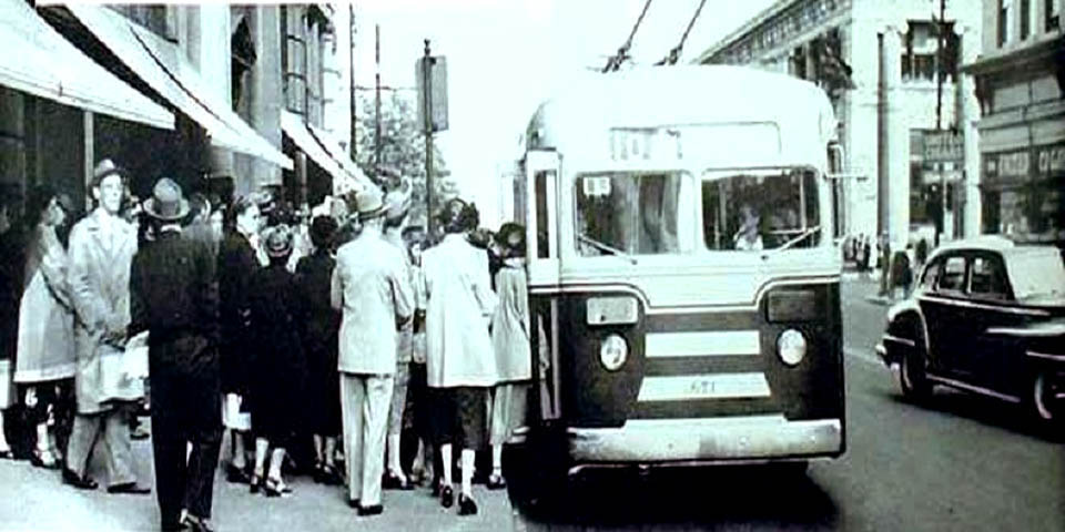 Trackless Trolley number 10 stop in Wilmington Delaware circa 1940s