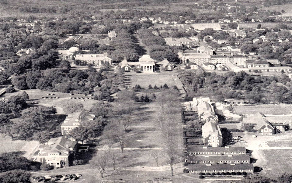 Univeristy of Delaware Mall Green aerial view looking from the south circa 1952