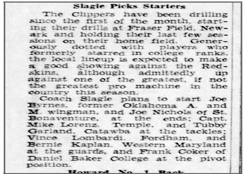 Vince Lombardi article about playing for the Wilmington Delaware Clippers Football Team in 1937