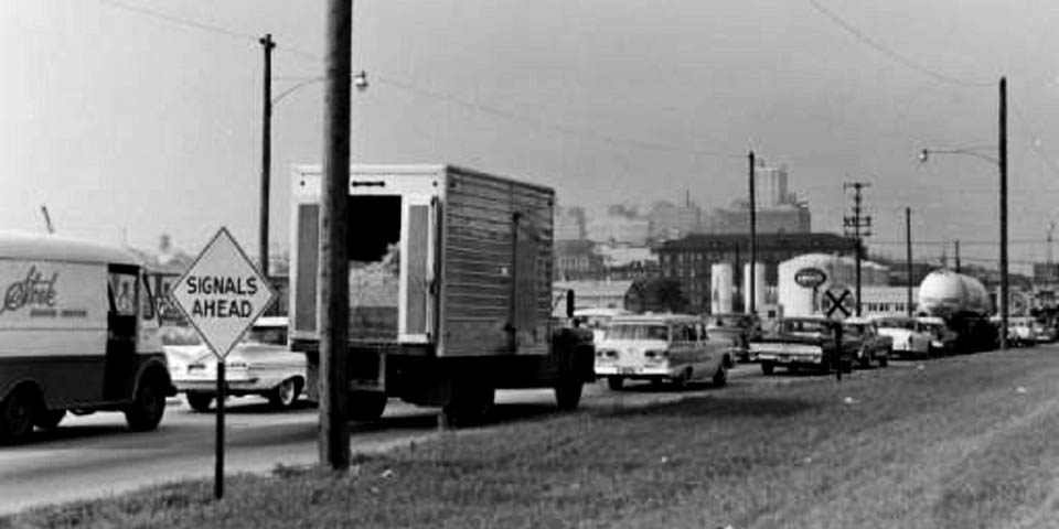 Walnut Street cars waiting for drawbridge to come down Wilmington Delaware August 13th 1959