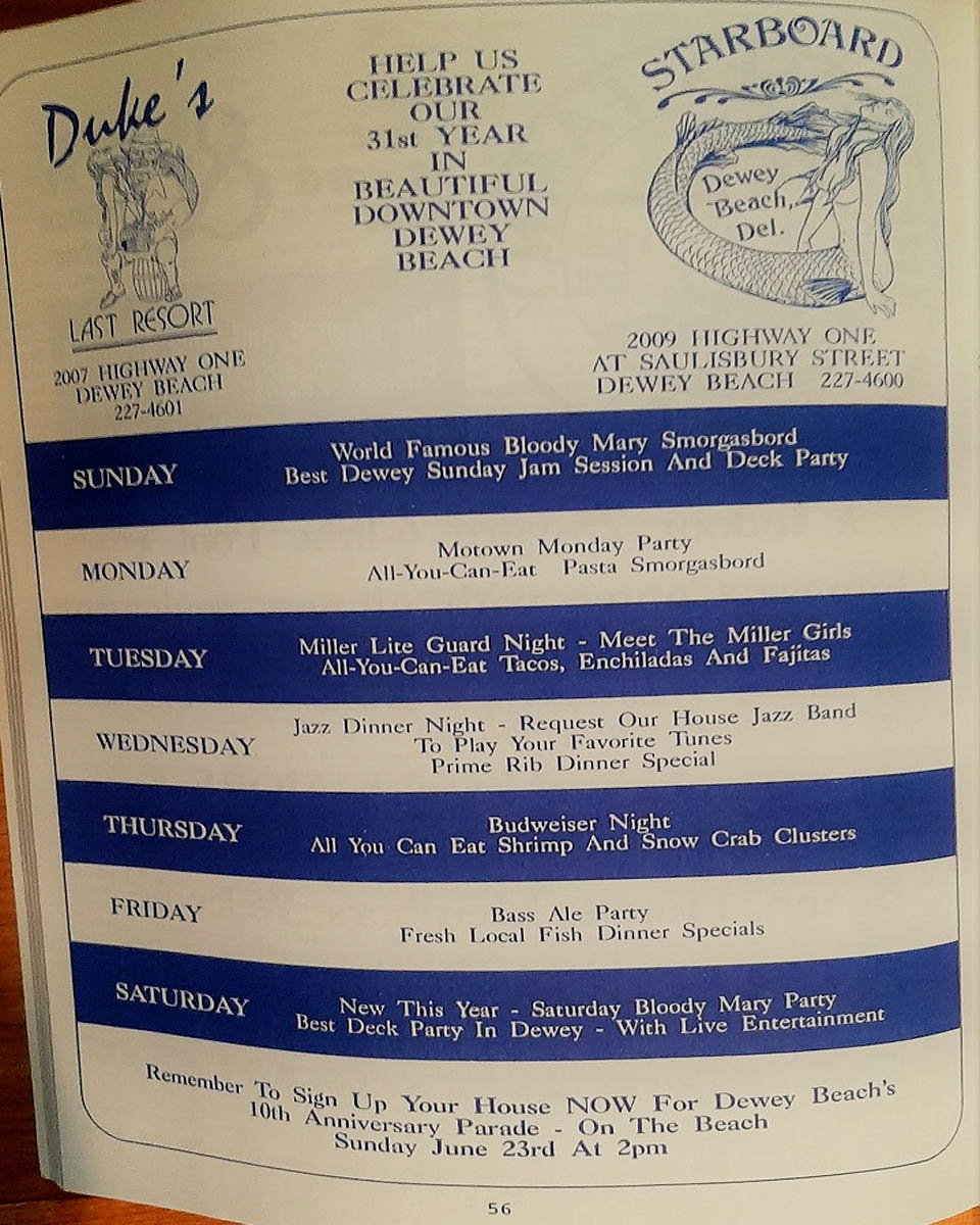 Washington - E - Dewey Beach House Directory Starboard AD in Dewey Beach Delaware 1991