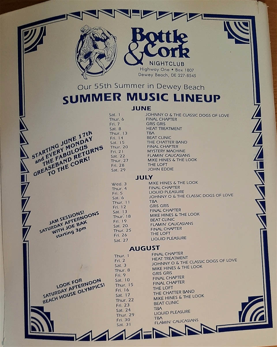 Washington - F -Dewey Beach House Directory back cover Bottle and Cork Bands in Dewey Beach Delaware 1991