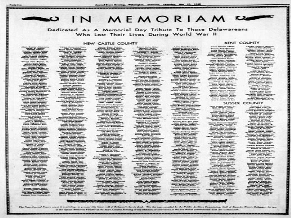 WILMINGTON MORNING NEWS MEMEMORIAL TO THOSE WHO DIED IN WWII FROM DELAWARE ON MEMEMORAIL DAY 1948