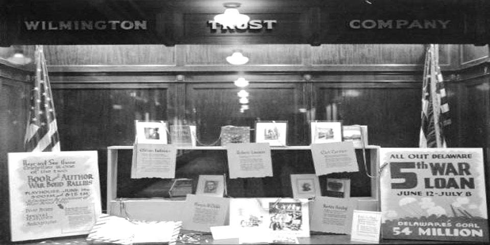 Wilmington Trust bank window in Wilmington Delaware during WWII