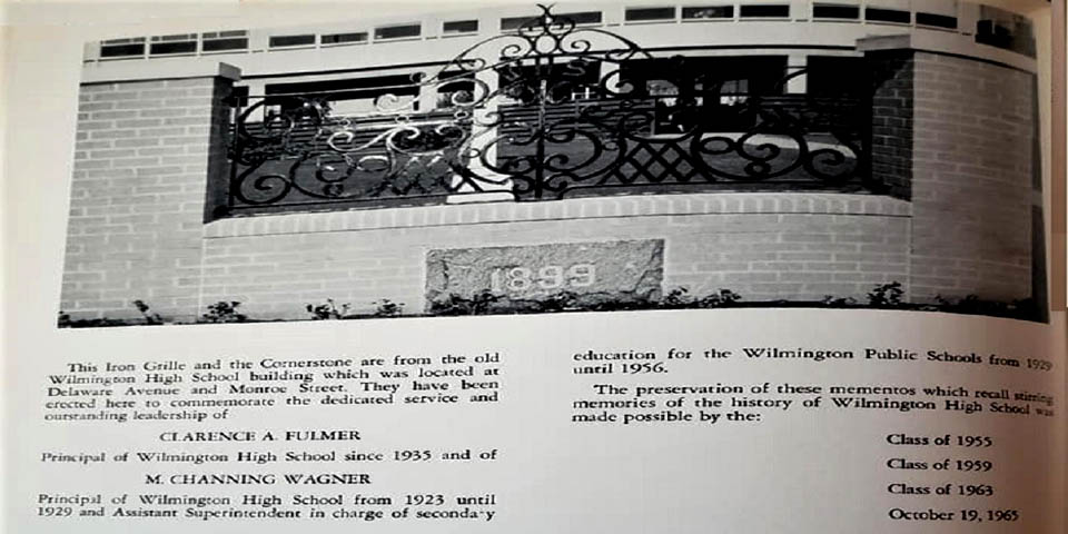 WILMINGTON HIGH SCHOOL MONUMENT IN FRONT COURT YARD IN WILMINGTON DELAWARE 1965