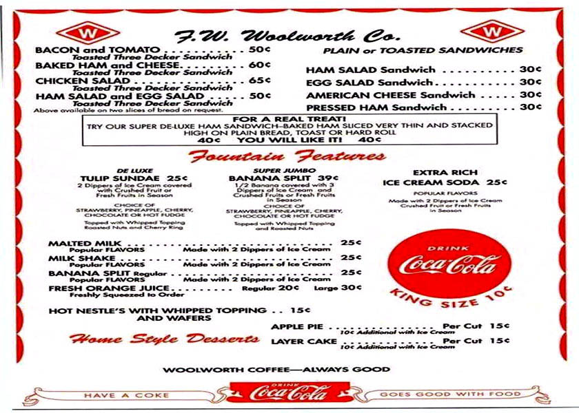 WOOLWORTH COUNTER MENU 1960s
